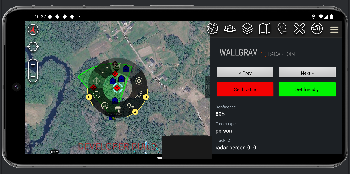 Operator classification in the Wallgrav interface: a tracked target with confidence and type, and controls to set it hostile or friendly