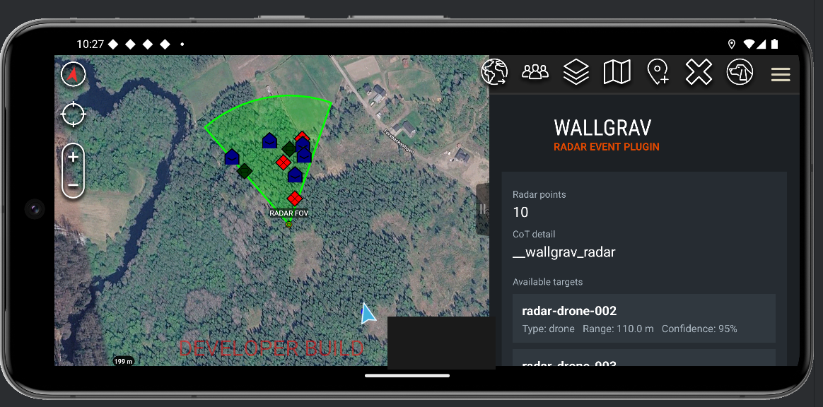 The Wallgrav situational picture on a mobile device: a radar field of view over terrain with tracked targets, target list with type, range and confidence