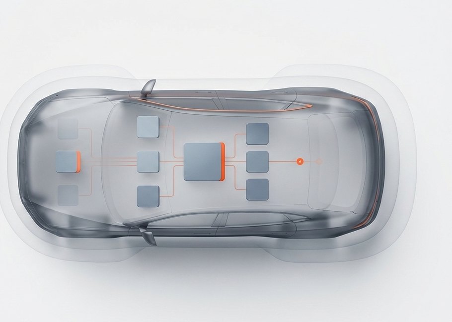Top-down cutaway of a car showing its electronic control units networked together, one highlighted