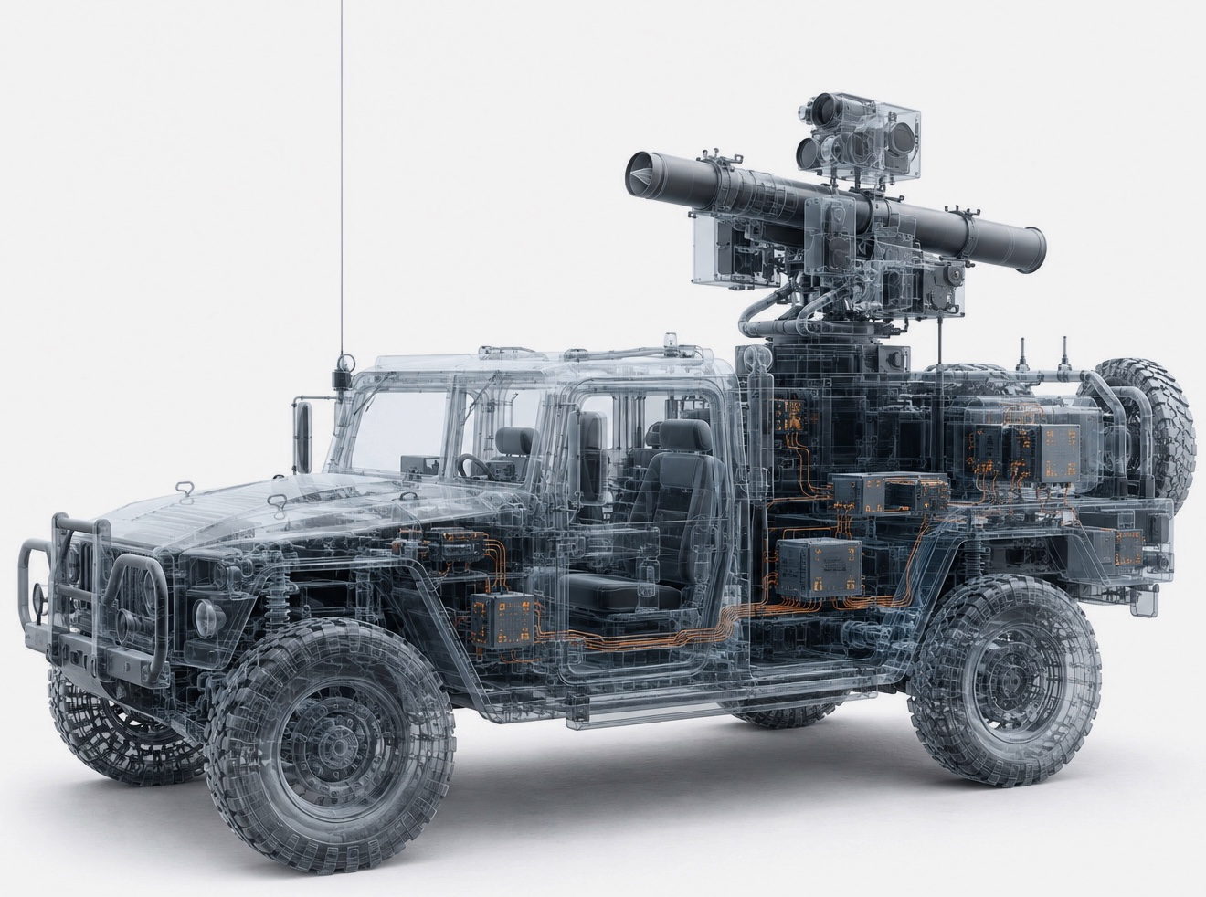 X-ray view of a defence vehicle with an RBS 70 launcher, electronic control units highlighted in orange