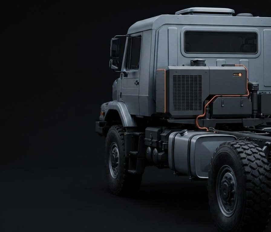 A grey truck chassis seen from behind, with an electronics box mounted behind the cab and its cable harness picked out in orange