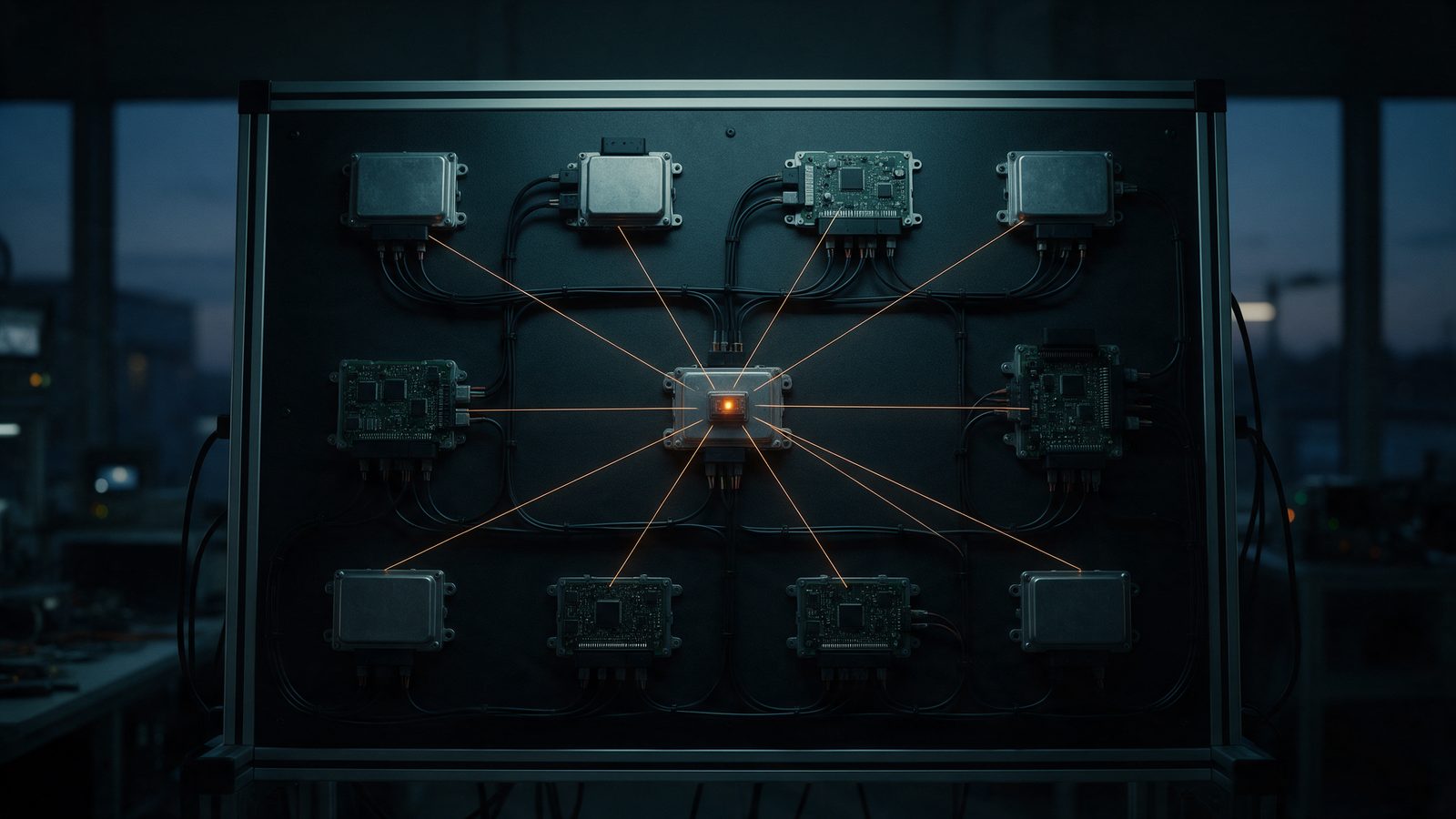 Illustration: ECUs on a dark test bench, one with an orange light, linked to the others by thin orange lines