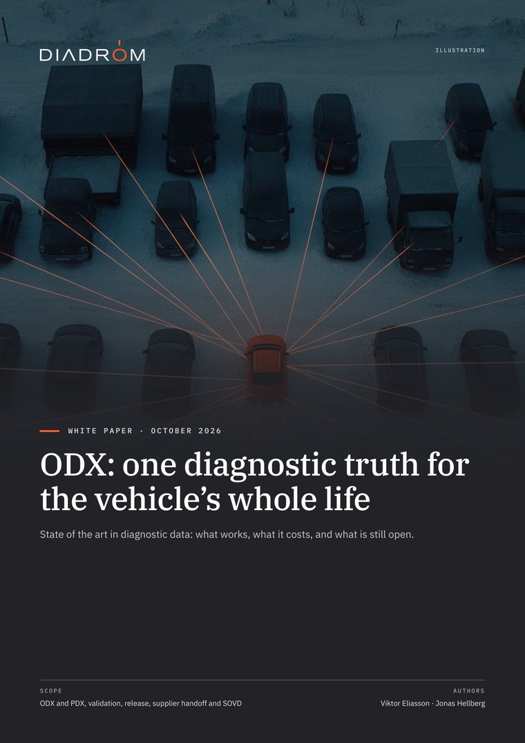 Cover of the white paper ODX: one diagnostic truth for the vehicle's whole life. Illustration: a winter vehicle depot seen from above, one orange vehicle linked by thin lines to the others