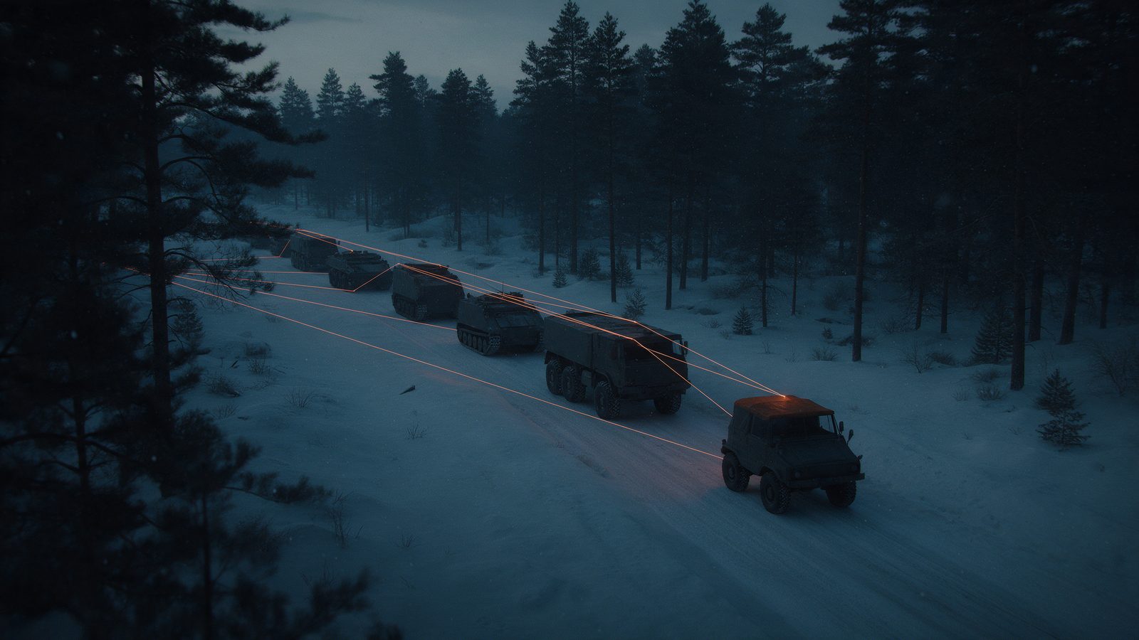 Illustration: unmarked heavy all-terrain vehicles on a snowy forest road, one linked to the others by thin orange lines