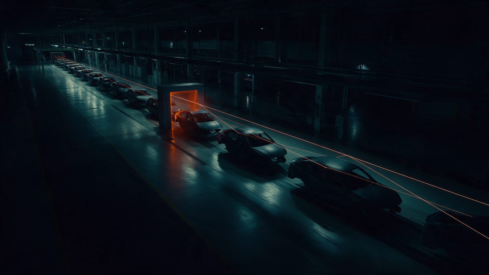 Illustration: an end-of-line production hall at night, one orange light gate linked by a thin line to every car body