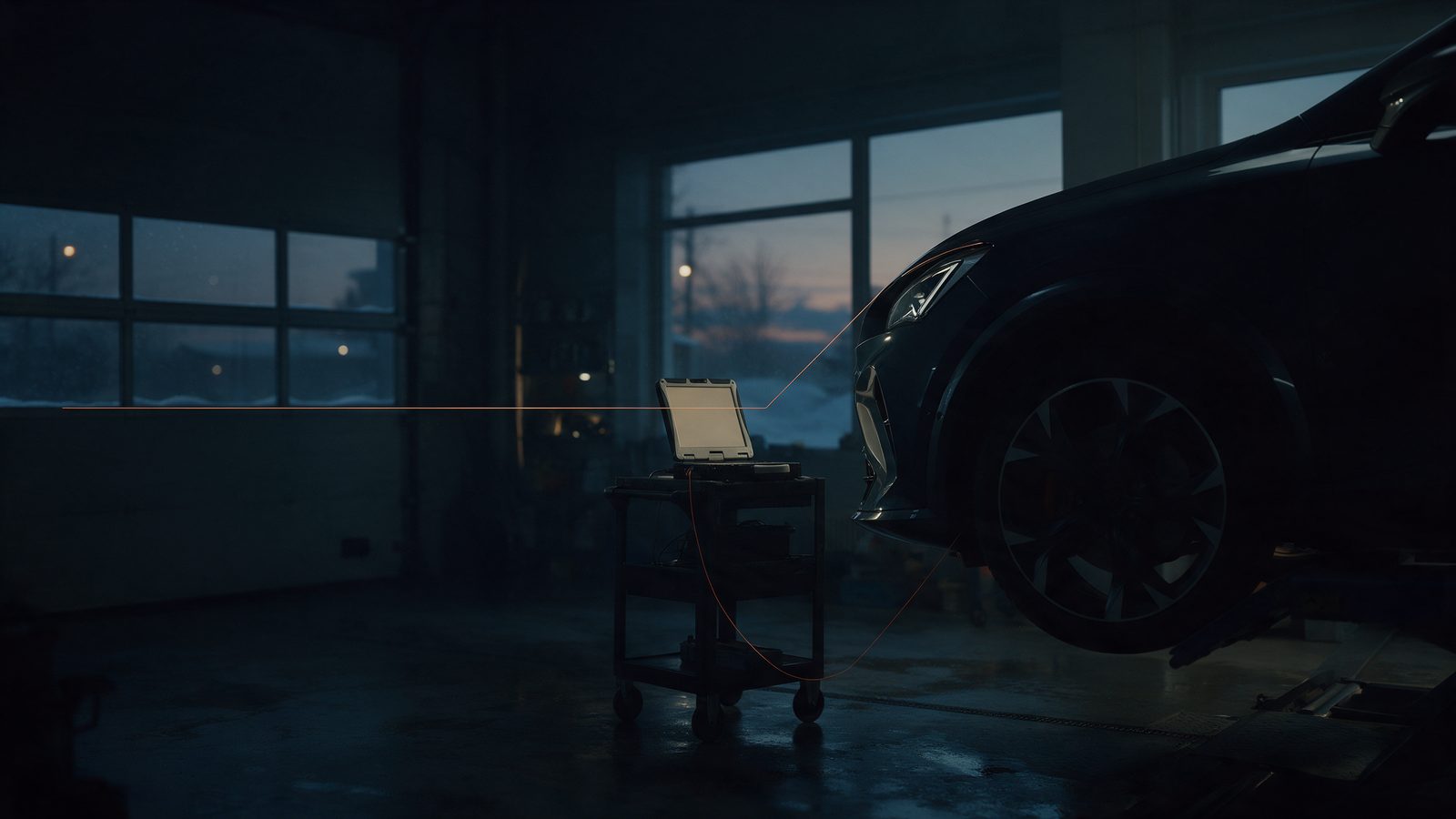 Illustration: a dark vehicle workshop after hours, a car on a lift linked to a diagnostic laptop by one thin orange line