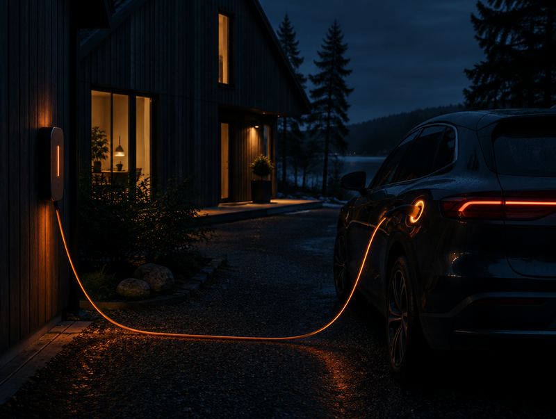 Illustration, AI-generated: an electric car charging at night in the driveway of a house, the cable glowing orange