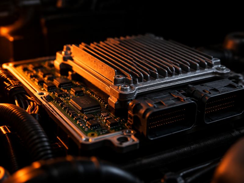 Illustration, AI-generated: an automotive computer module on a circuit board, lit in orange