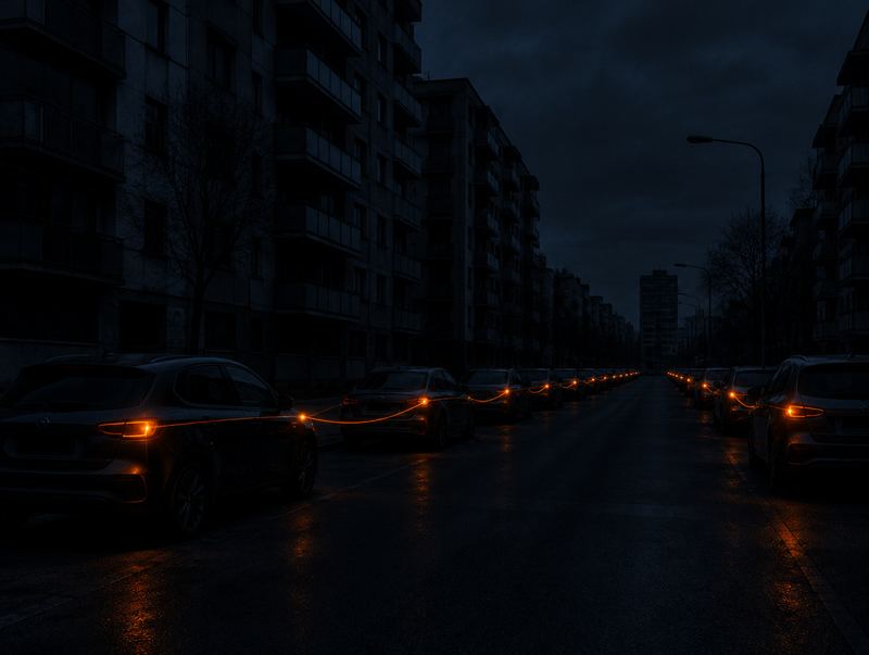 Illustration, AI-generated: a dark city street in a blackout, parked cars linked to each other by thin orange lines